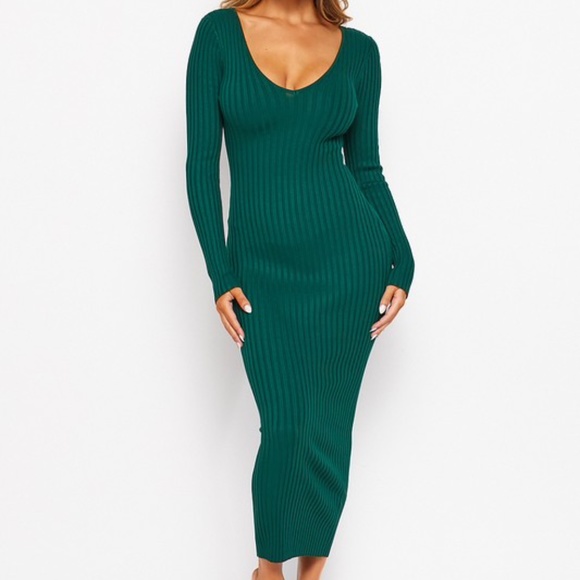 💚 LAST ONE 💚 Sexy Elegant Ribbed Knit Long Sleeve Bodycon Midi Dress - Picture 6 of 7